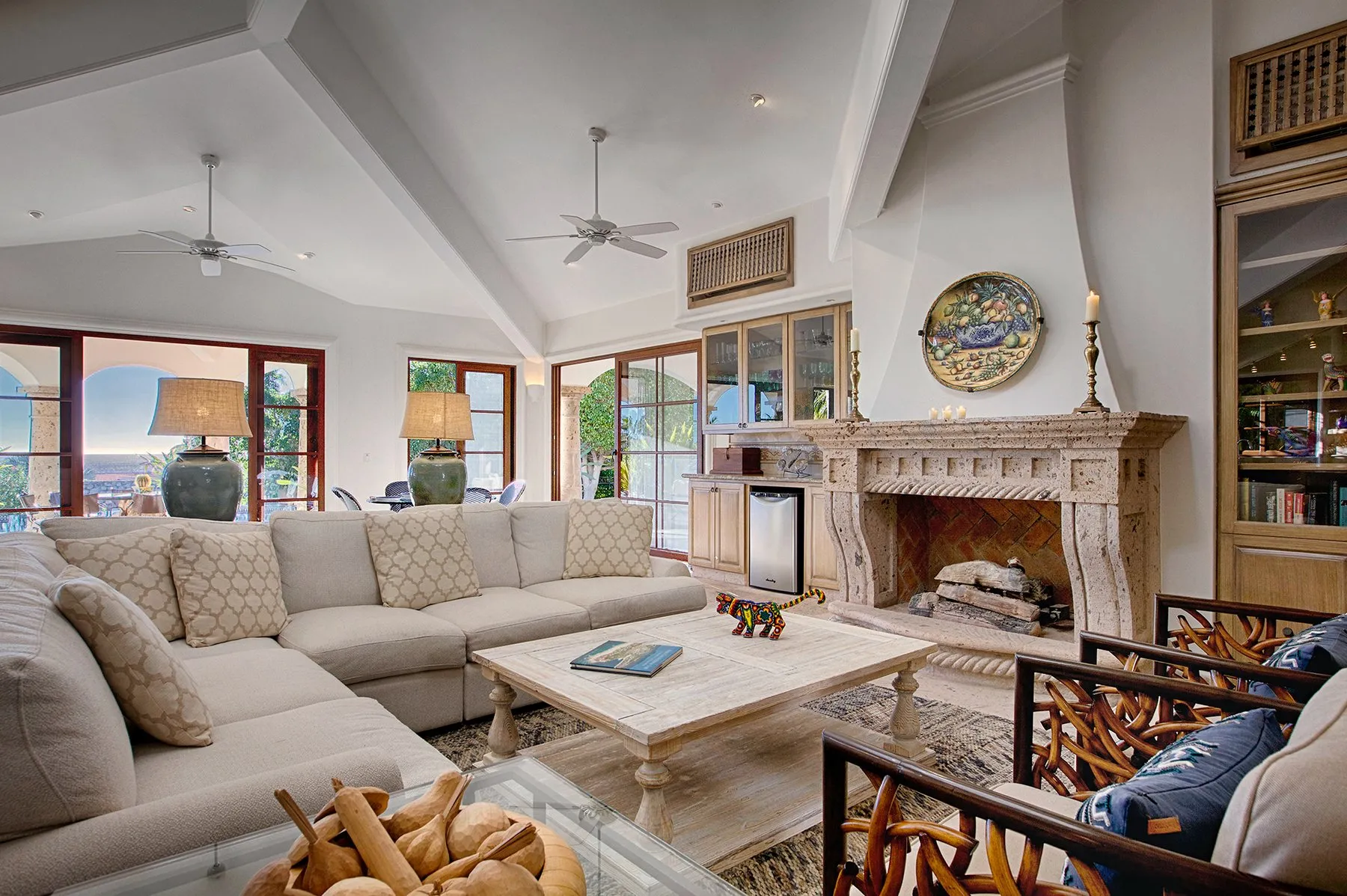 casa gloria living room stone fireplace