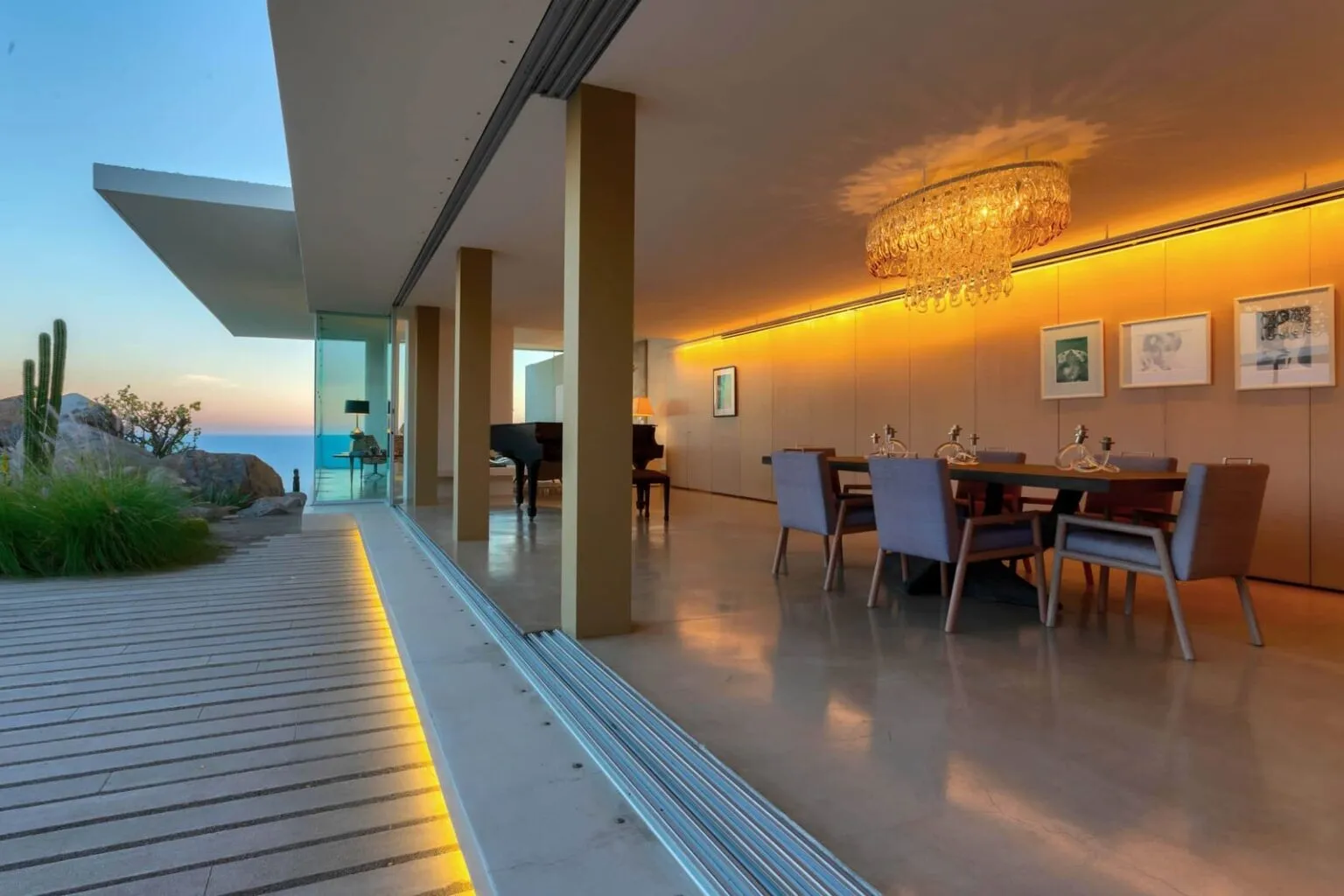 Open-air dining room at Casa Finisterra with Pacific Ocean views