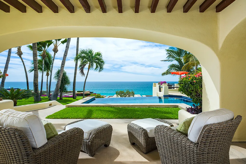 Covered lounge overlooking the pool and Sea of Cortez at Casa Hidalgo