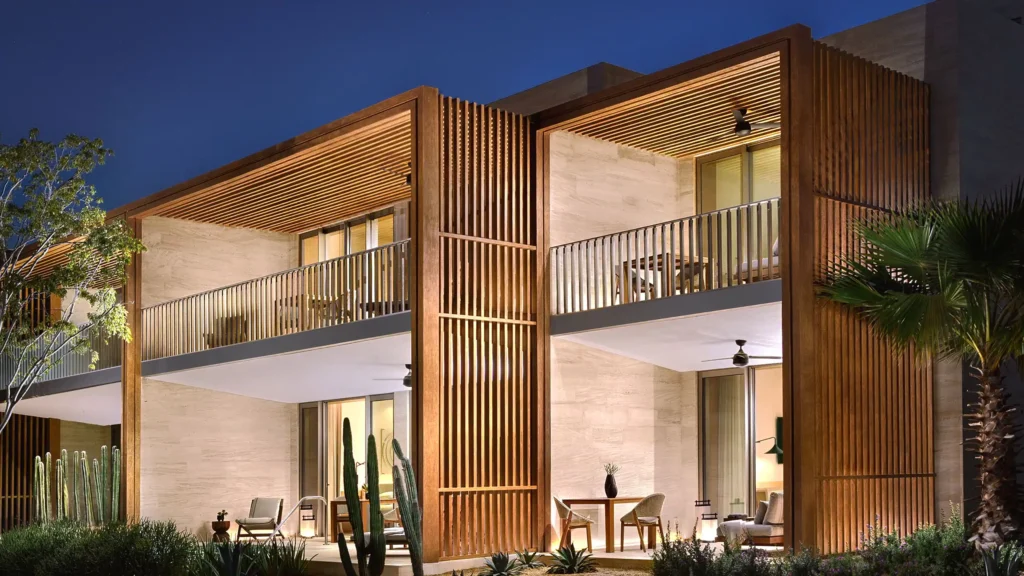 Exterior of Park Hyatt Cabo del Sol illuminated at dusk