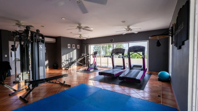 gym completo renta dunas condo Fully equipped gym with a weight area, blue mat, treadmills, a speed bag, and large windows.